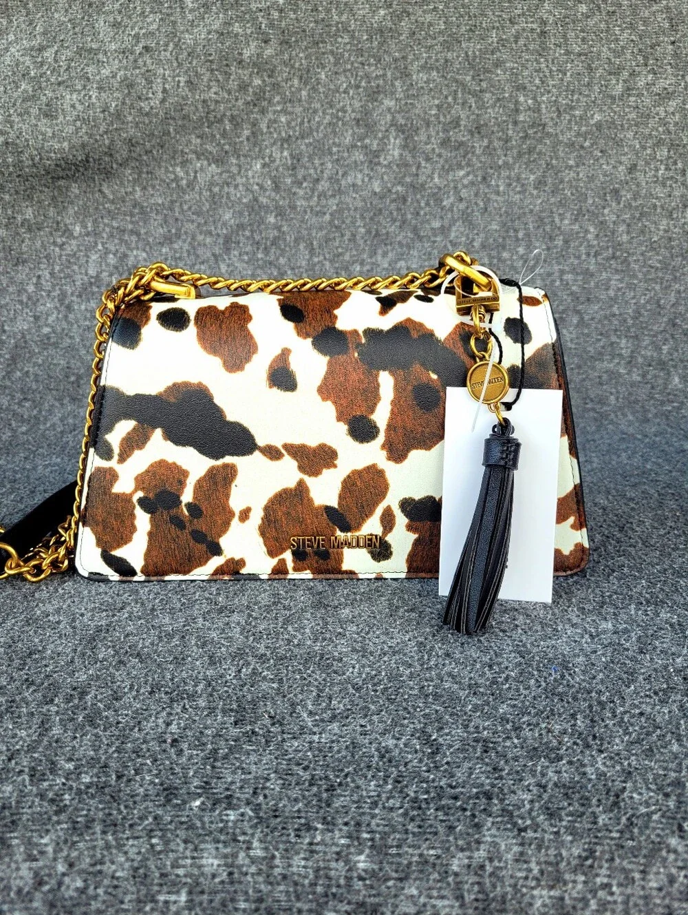 Steve Madden Cow Print Matching Shoulder Crossbody Handbag and Card Wallet Set